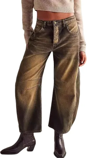 ZOCANIA Barrel Jeans Women Wide Leg Cropped Denim Pants Y2k Mid Rise Baggy Boyfriend Harem Pant Casual Loose Trouser
